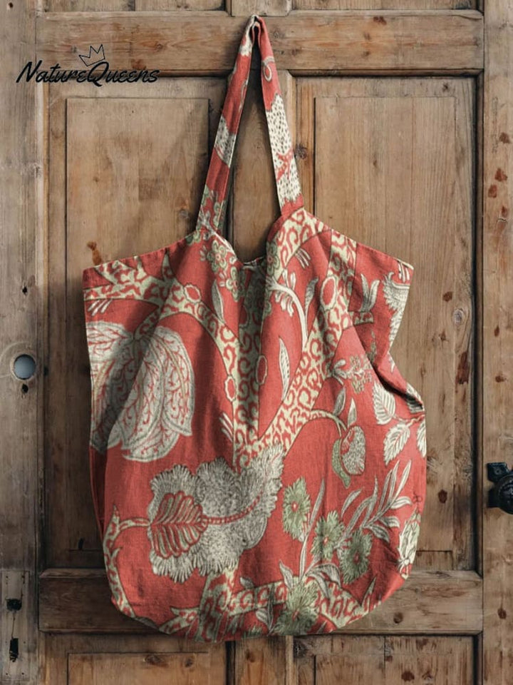 Vintage Red Floral Print Linen Tote Bag