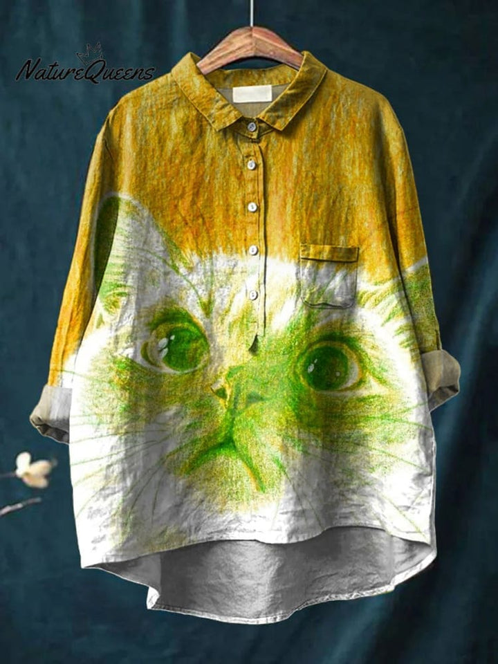 Vintage Lovely Cat Art Print Casual Cotton And Linen Shirt