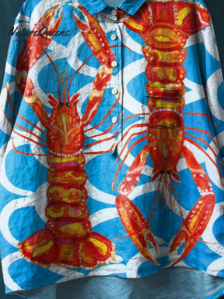 Vintage Lovely Lobster Pattern Art Print Casual Cotton And Linen Shirt