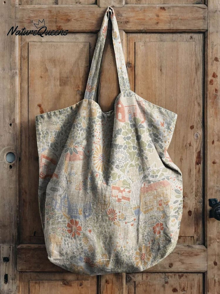 Cute Vintage Little House Floral Print Linen Tote Bag