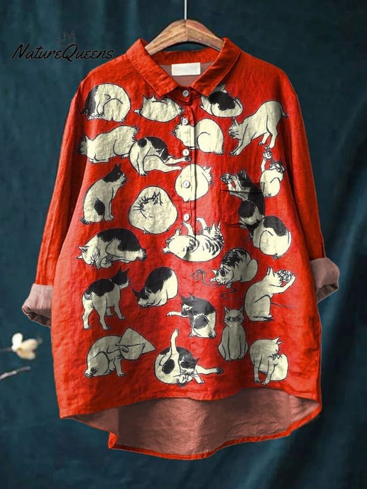 Vintage Funny Cats Art Print Casual Cotton And Linen Shirt