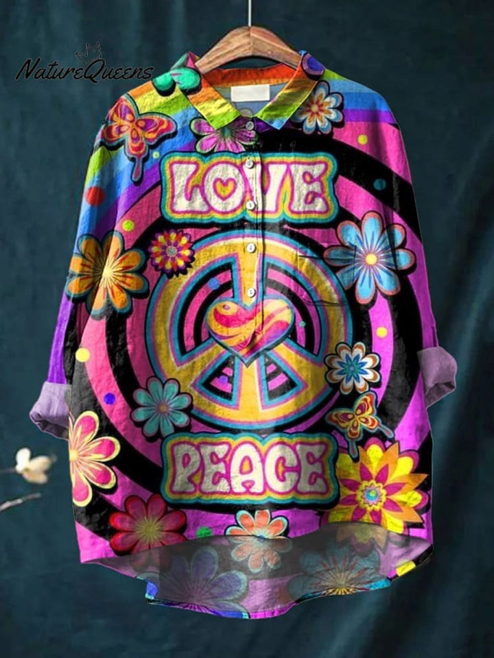 Vintage Love And Peace Flowers Art Print Casual Cotton And Linen Shirt