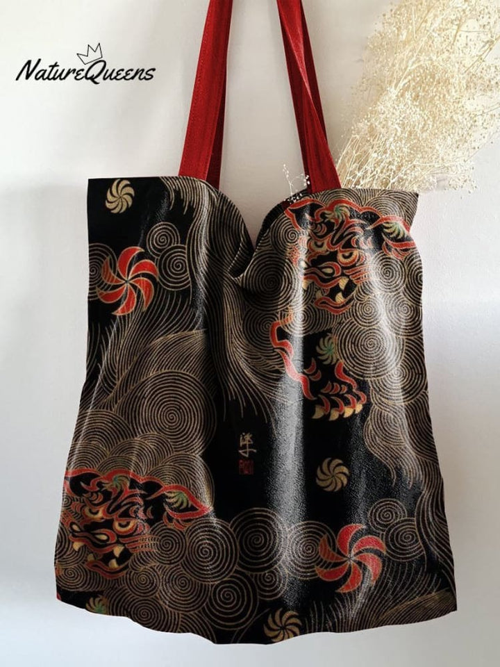 Japanese Style Lion Decorative Pattern Linen Tote Bag