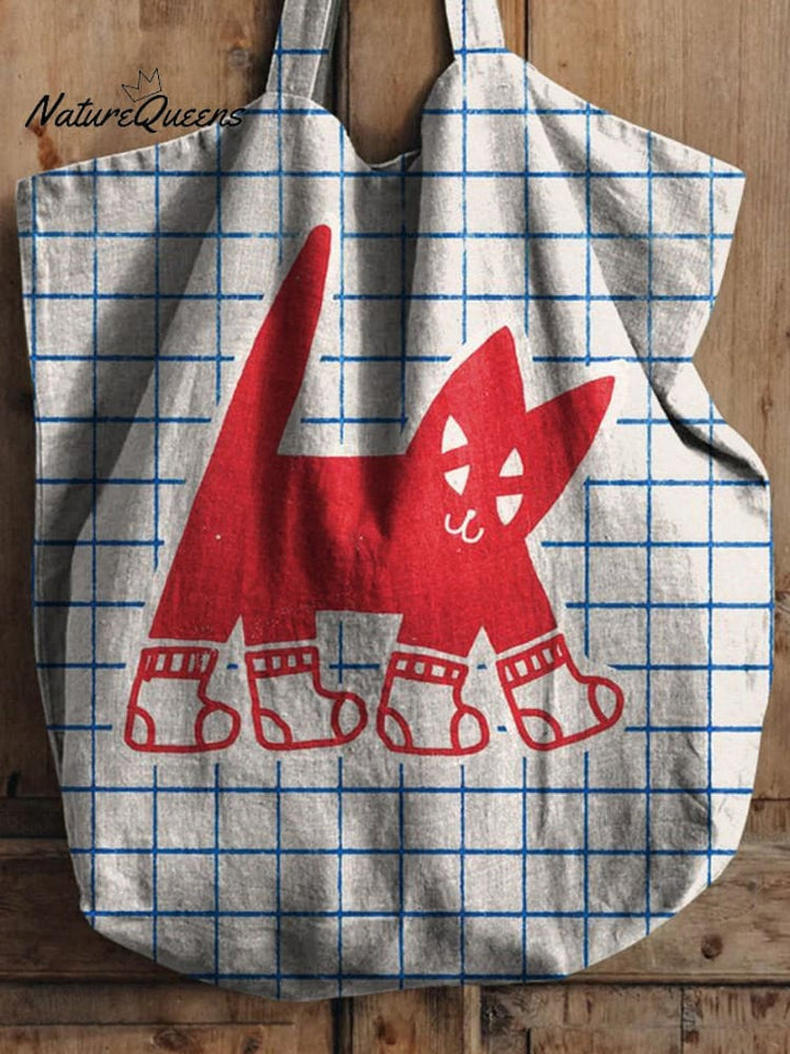 Cat And Check Pattern Printed Linen Tote Bag