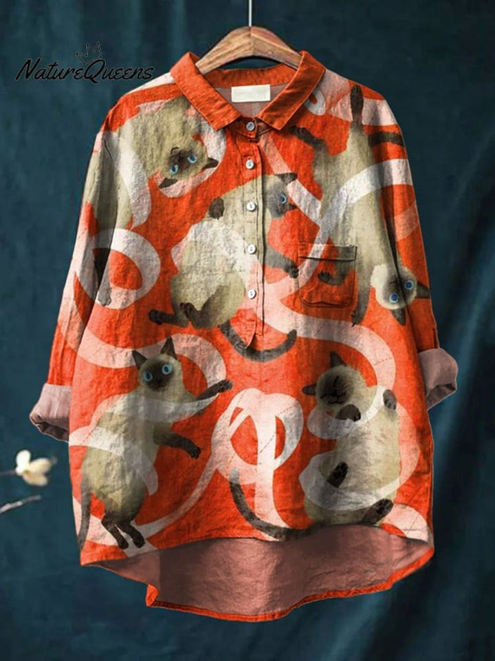 Vintage Funny Cats Art Print Casual Cotton And Linen Shirt