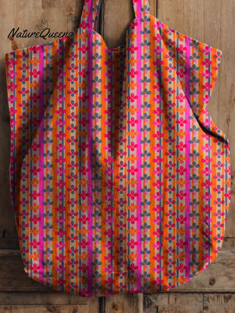 Colorful Geometric Floral Pattern Printed Linen Tote Bag