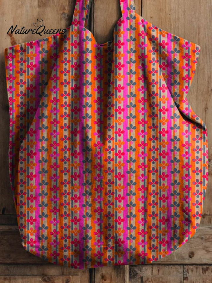 Colorful Geometric Floral Pattern Printed Linen Tote Bag