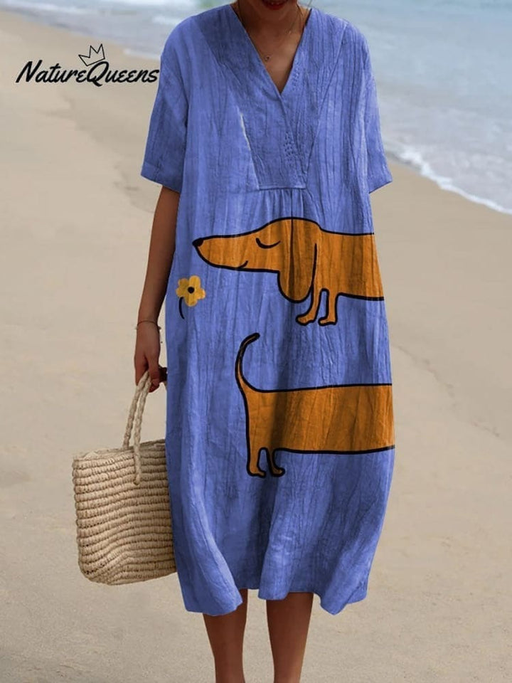 Cute Dachshund Floral Art Print Cotton and Linen Long Sleeve Shirt