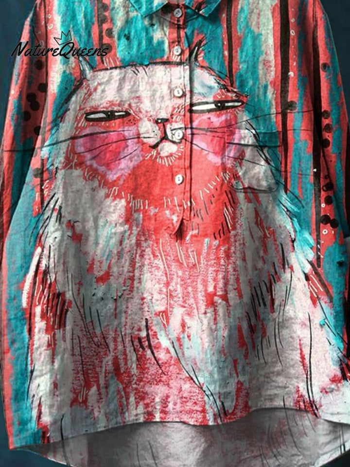 Vintage Funny Cat Art Print Casual Cotton And Linen Shirt