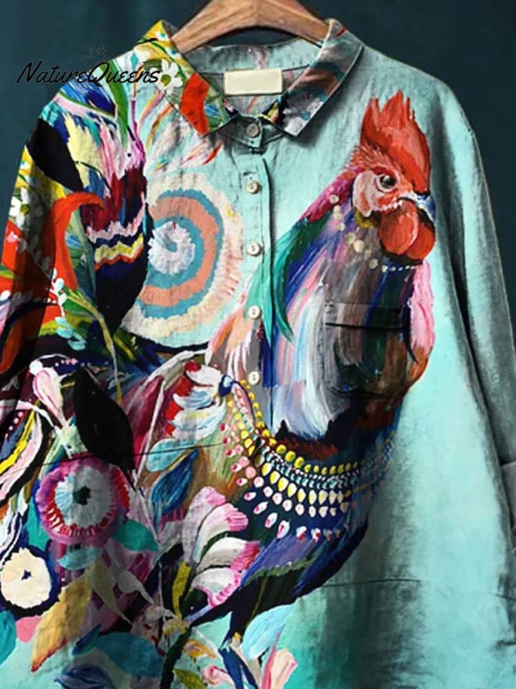 Oil Painting Rooster Art Printed Women's Casual Cotton And Linen Shirt