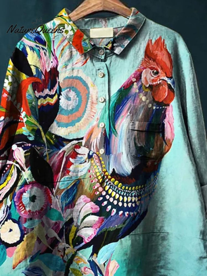 Oil Painting Rooster Art Printed Women's Casual Cotton And Linen Shirt