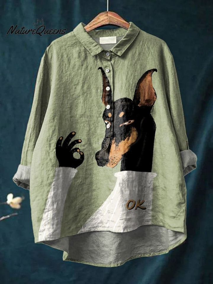 Vintage Funny Dog Art Print Casual Cotton And Linen Shirt