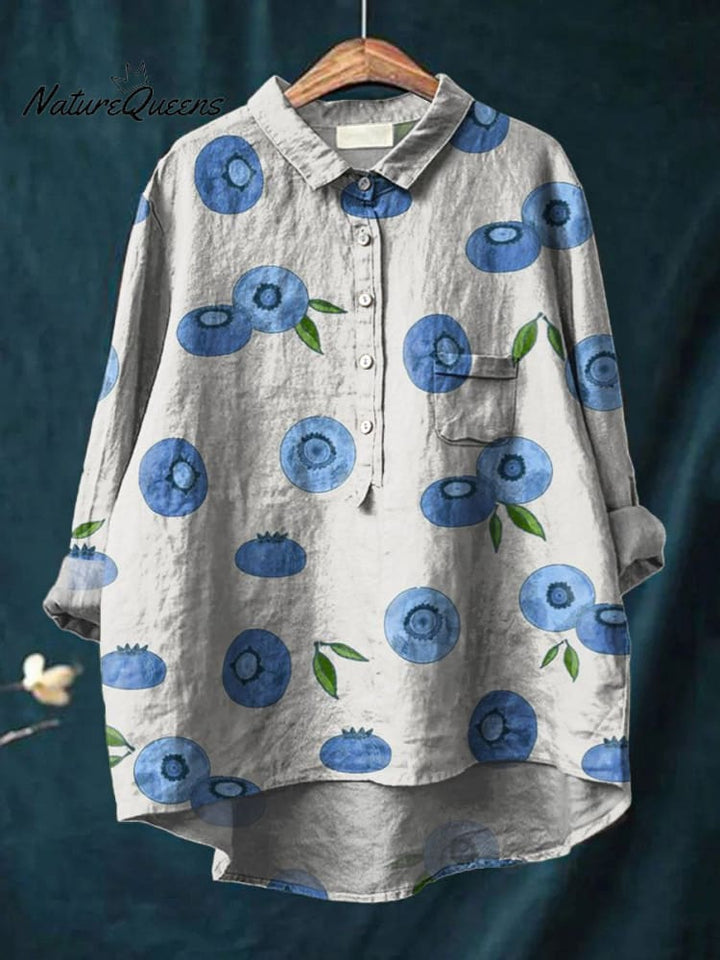 Vintage Lovely Blueberry Art Print Casual Cotton And Linen Shirt