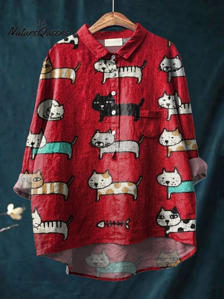 Vintage Funny Cats Art Print Casual Cotton And Linen Shirt