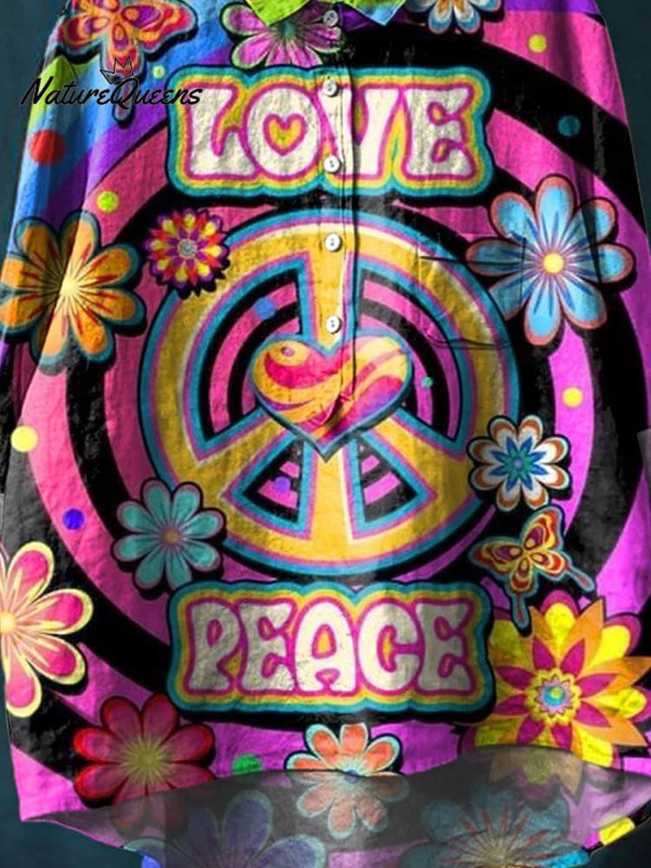 Vintage Love And Peace Flowers Art Print Casual Cotton And Linen Shirt