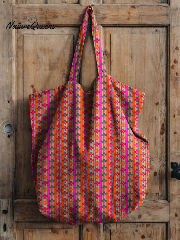 Colorful Geometric Floral Pattern Printed Linen Tote Bag