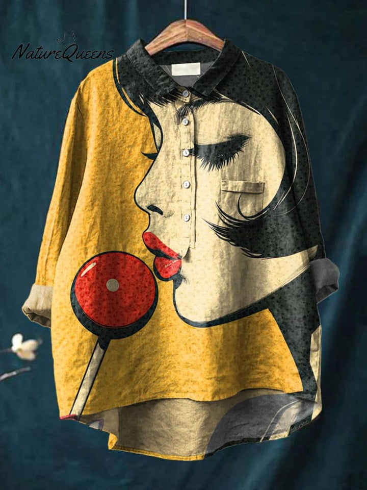 Pop Art Style Girl Portrait Printed Women's Casual Cotton And Linen Shirt