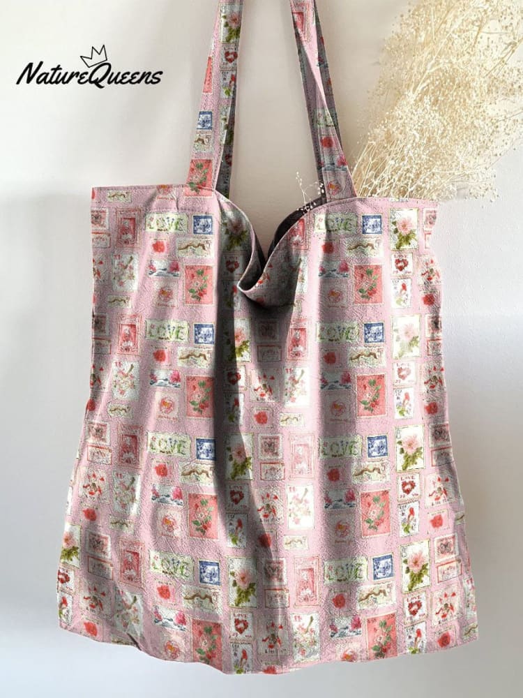 Cute Vintage Photo Frame Floral Print Linen Tote Bag
