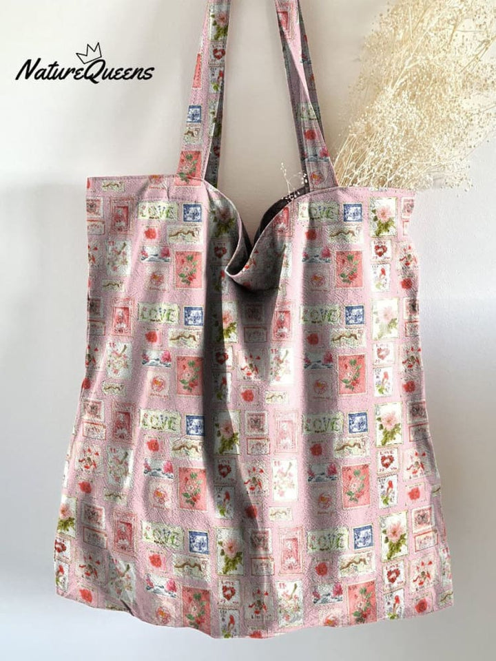 Cute Vintage Photo Frame Floral Print Linen Tote Bag