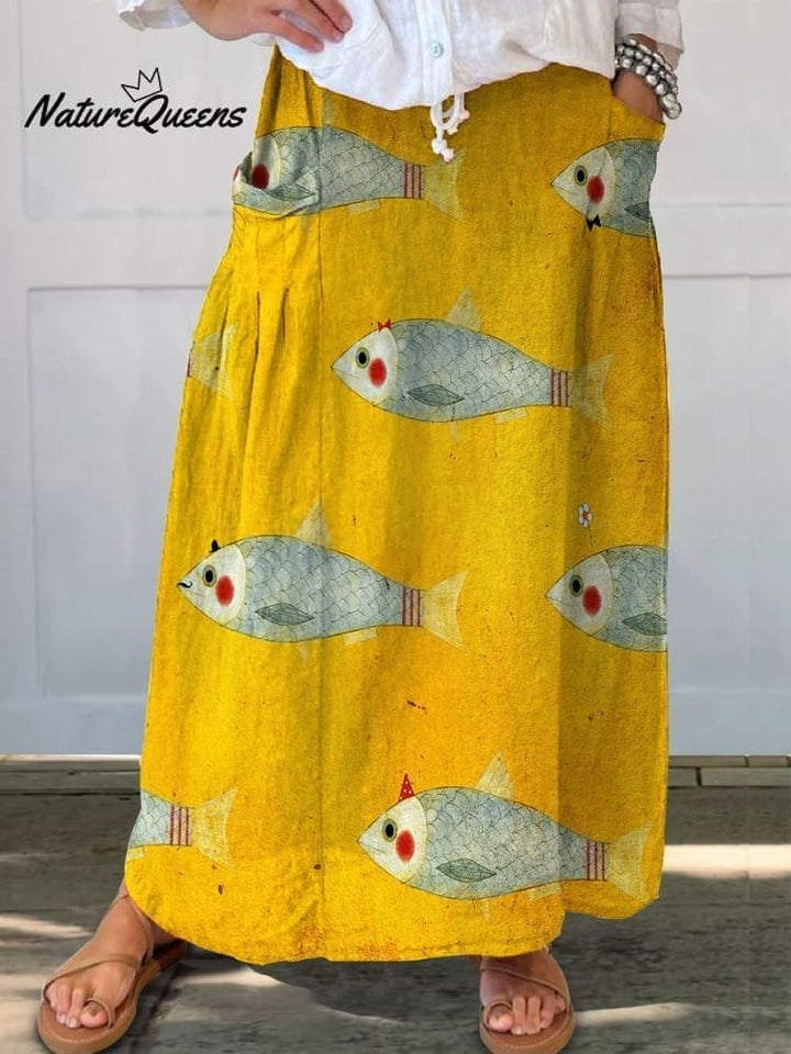 Women's Vintage Fish Art Print Casual Cotton And Linen Shirt