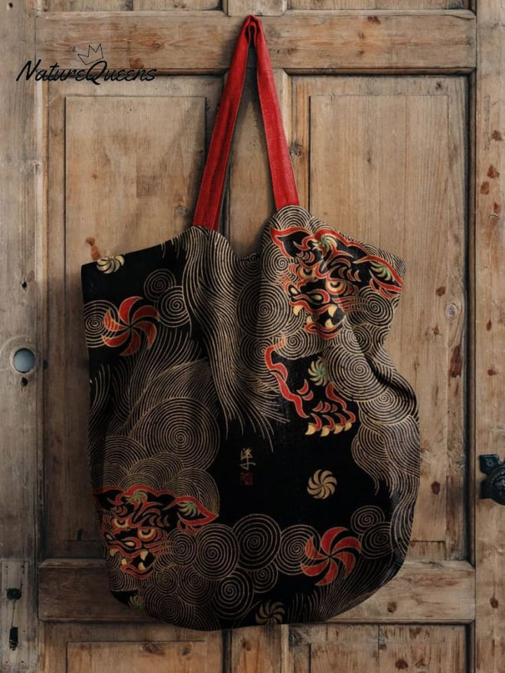 Japanese Style Lion Decorative Pattern Linen Tote Bag