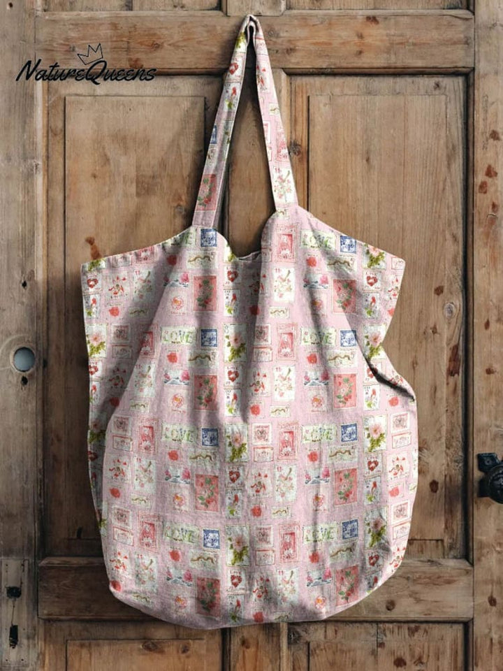 Cute Vintage Photo Frame Floral Print Linen Tote Bag
