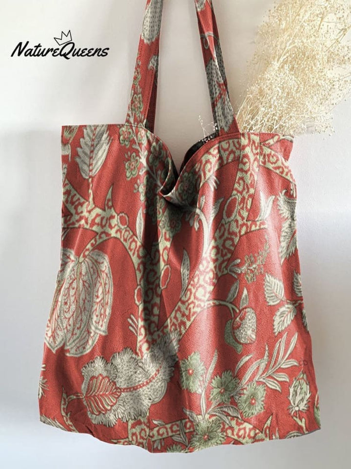 Vintage Red Floral Print Linen Tote Bag