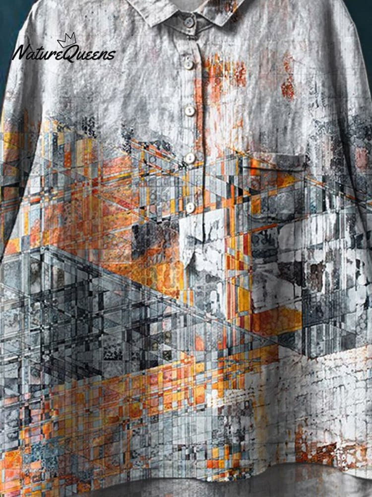 Vintage Abstract Painting Art Print Casual Cotton And Linen Shirt