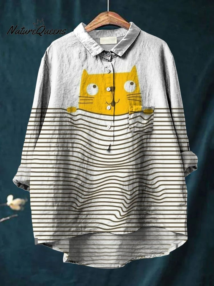 Women's  Cat Print Casual Cotton And Linen Shirt