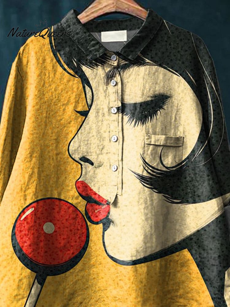 Pop Art Style Girl Portrait Printed Women's Casual Cotton And Linen Shirt