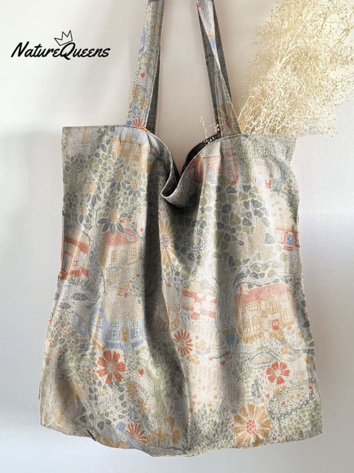 Cute Vintage Little House Floral Print Linen Tote Bag