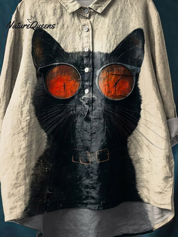 Vintage Funny Cat Art Print Casual Cotton And Linen Shirt