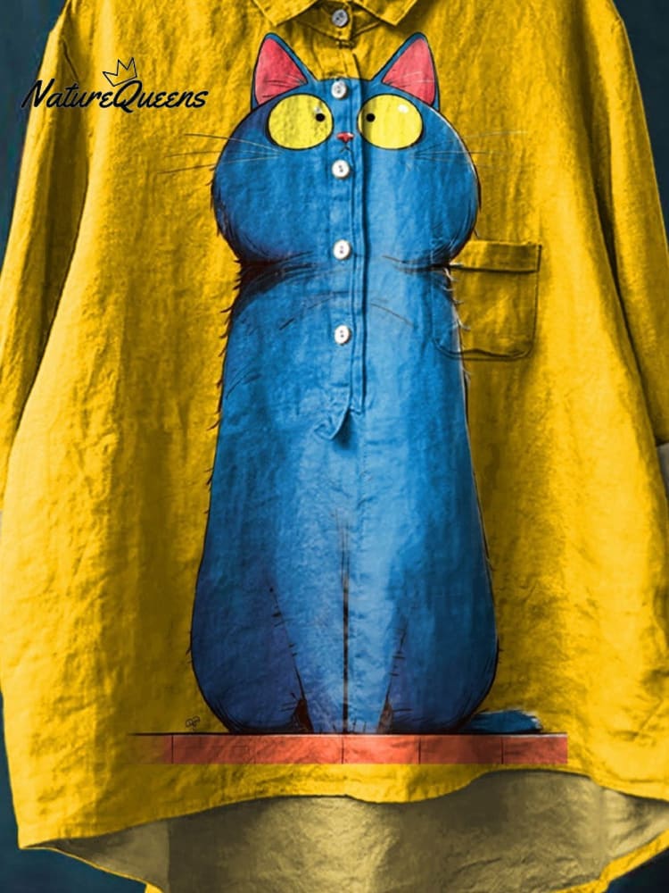 Vintage Funny Cat Art Print Casual Cotton And Linen Shirt