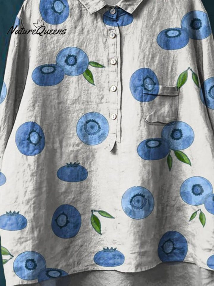 Vintage Lovely Blueberry Art Print Casual Cotton And Linen Shirt