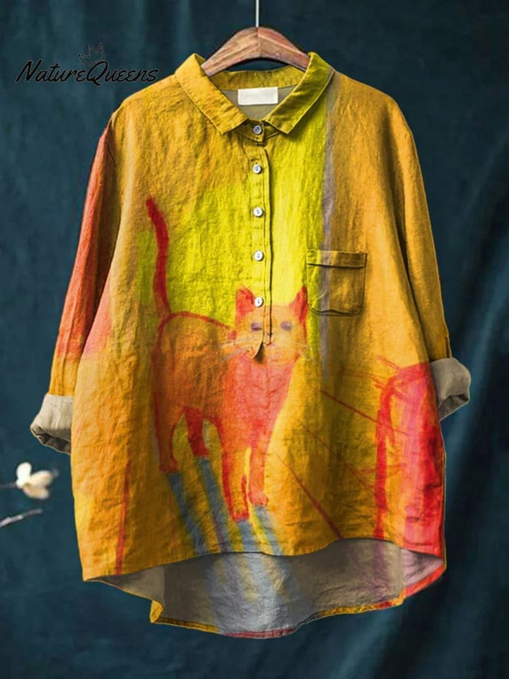 Vintage Funny Cat Art Print Casual Cotton And Linen Shirt