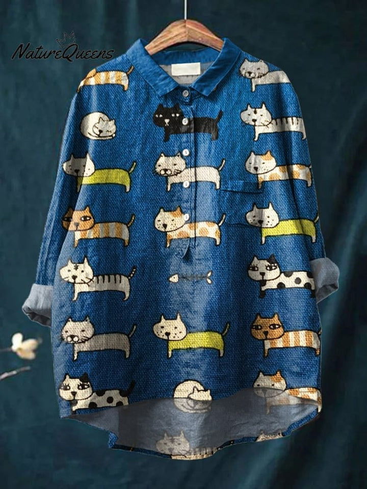 Vintage Funny Cats Art Print Casual Cotton And Linen Shirt