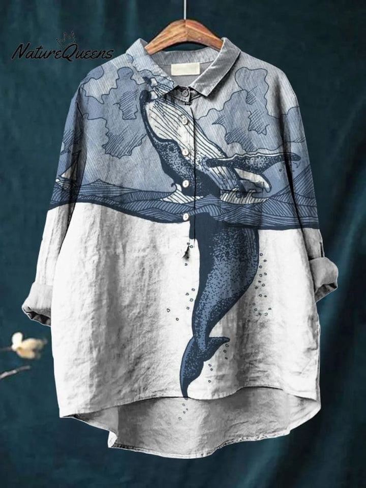 Women's  Whale Print Casual Cotton And Linen Shirt