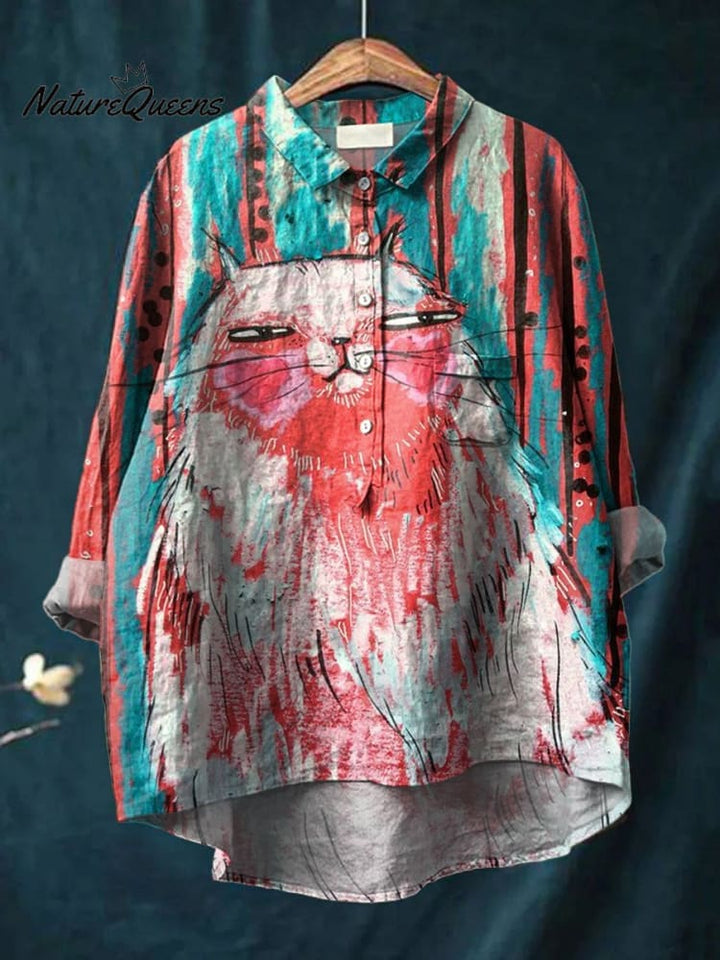 Vintage Funny Cat Art Print Casual Cotton And Linen Shirt