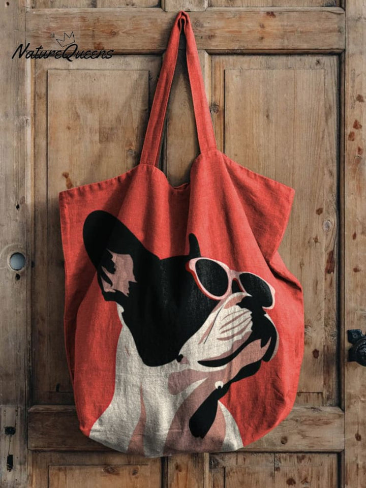 Decorative Pattern of French Bulldog Wearing Sunglasses On Red Background Linen Tote Bag