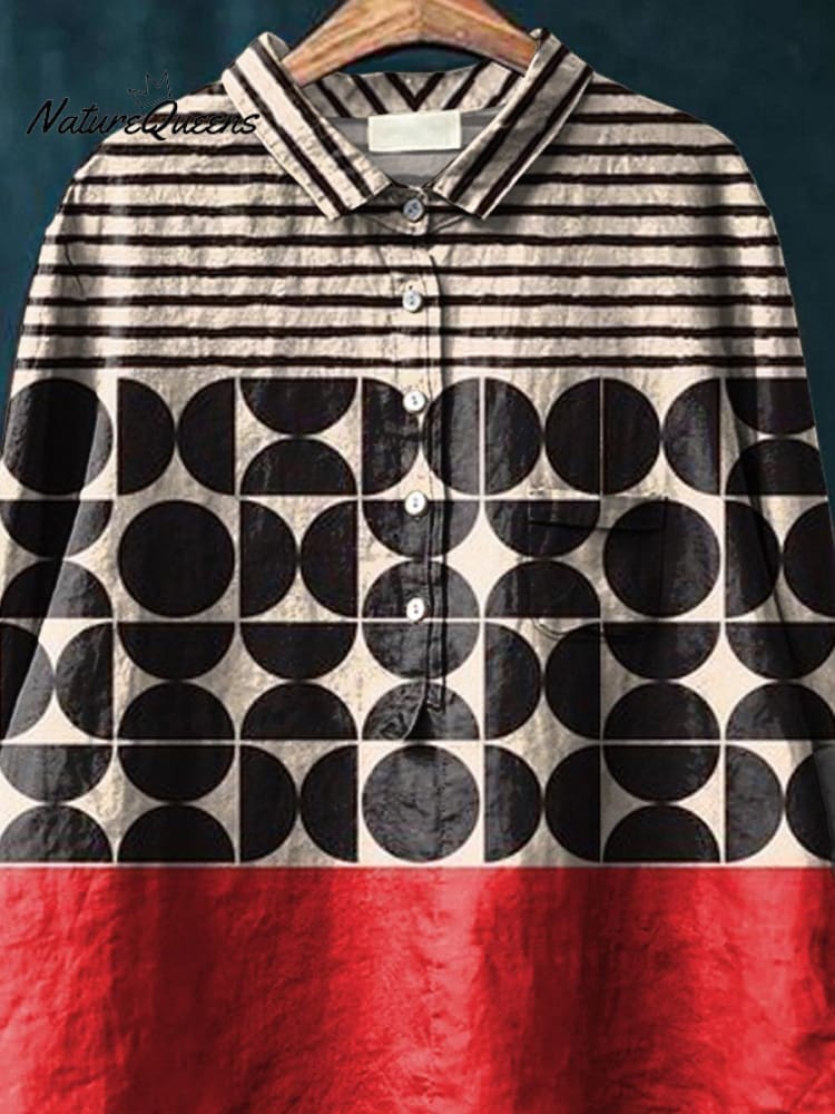 Artistry Geometric Pattern Printed Women's Casual Cotton And Linen Shirt