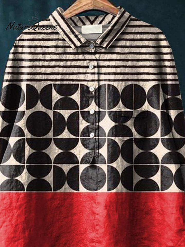 Artistry Geometric Pattern Printed Women's Casual Cotton And Linen Shirt