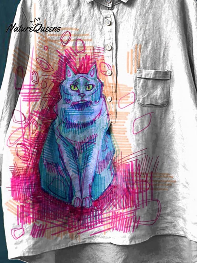Vintage Funny Cat Art Print Casual Cotton And Linen Shirt