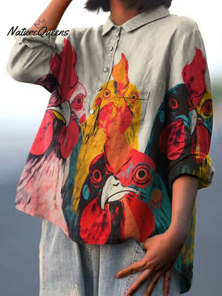 Women's Vintage Hand Painted Chicks Print Casual Cotton And Linen Shirt