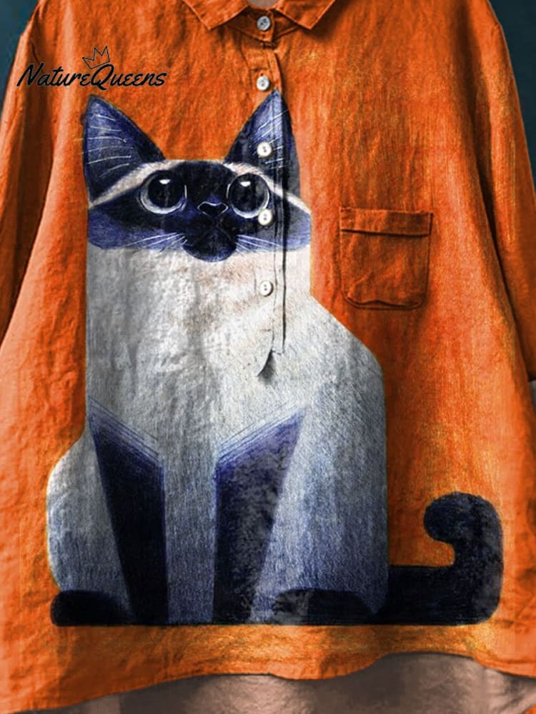 Vintage Funny Cat Art Print Casual Cotton And Linen Shirt