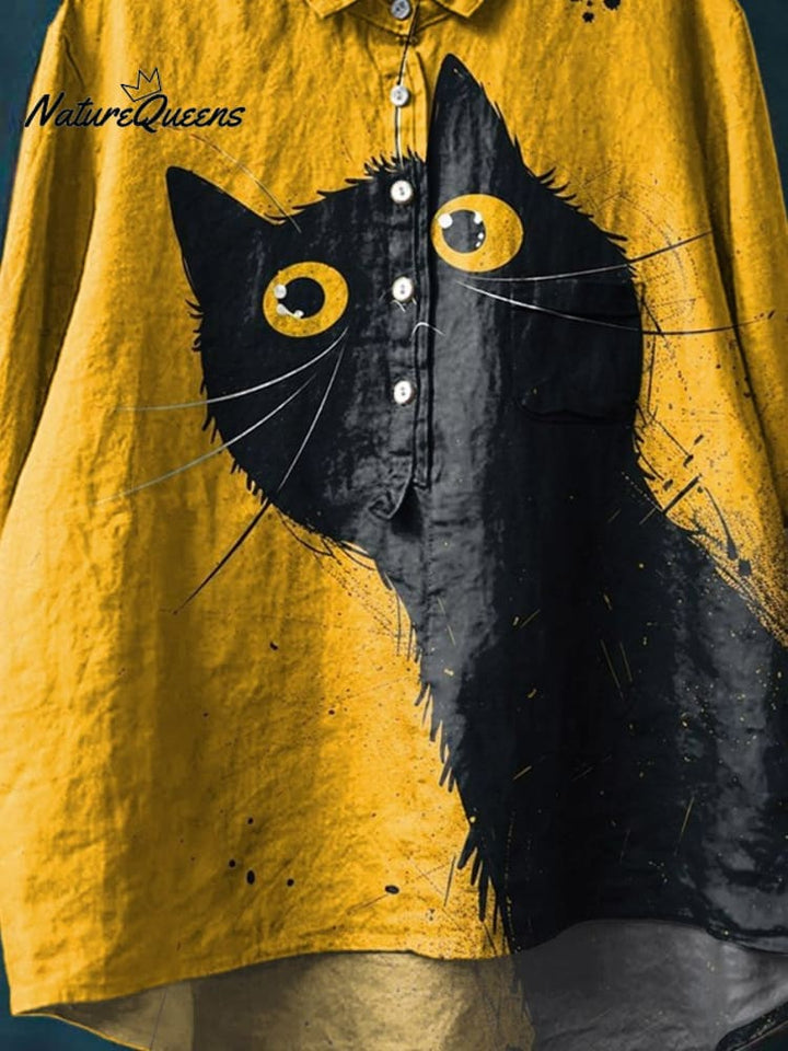 Vintage Lovely Cat Art Print Casual Cotton And Linen Shirt
