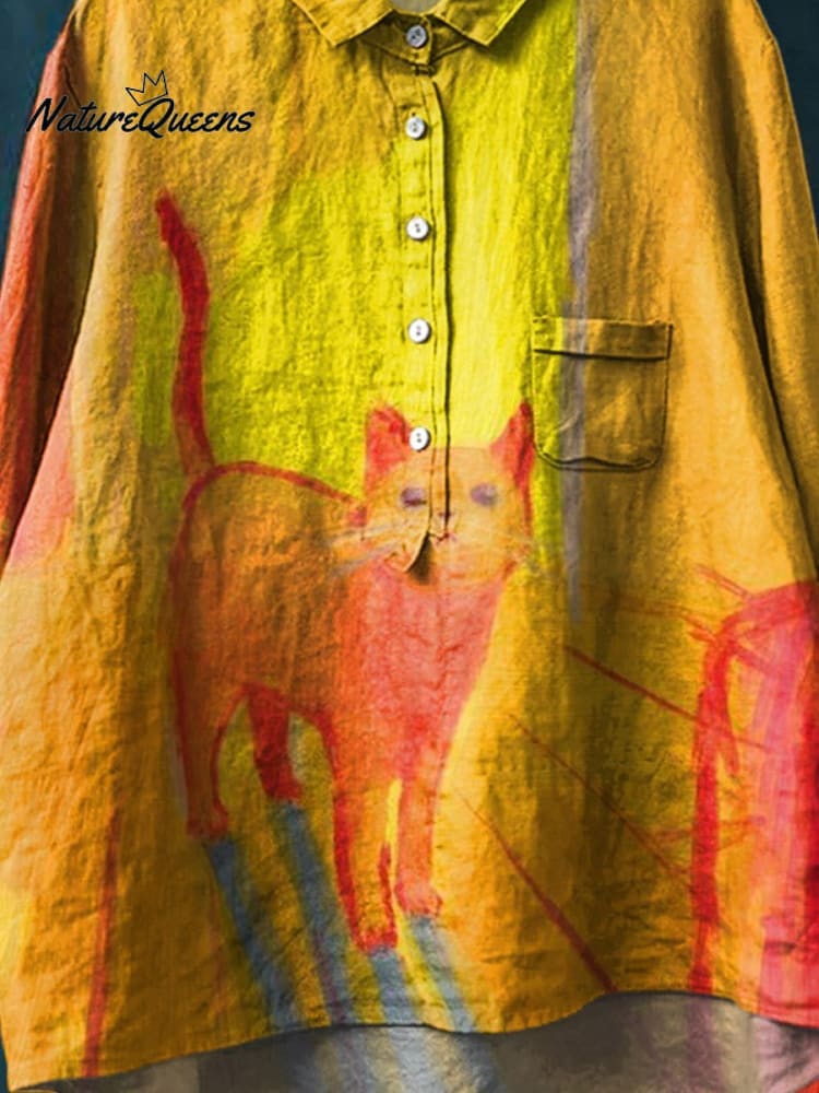 Vintage Funny Cat Art Print Casual Cotton And Linen Shirt