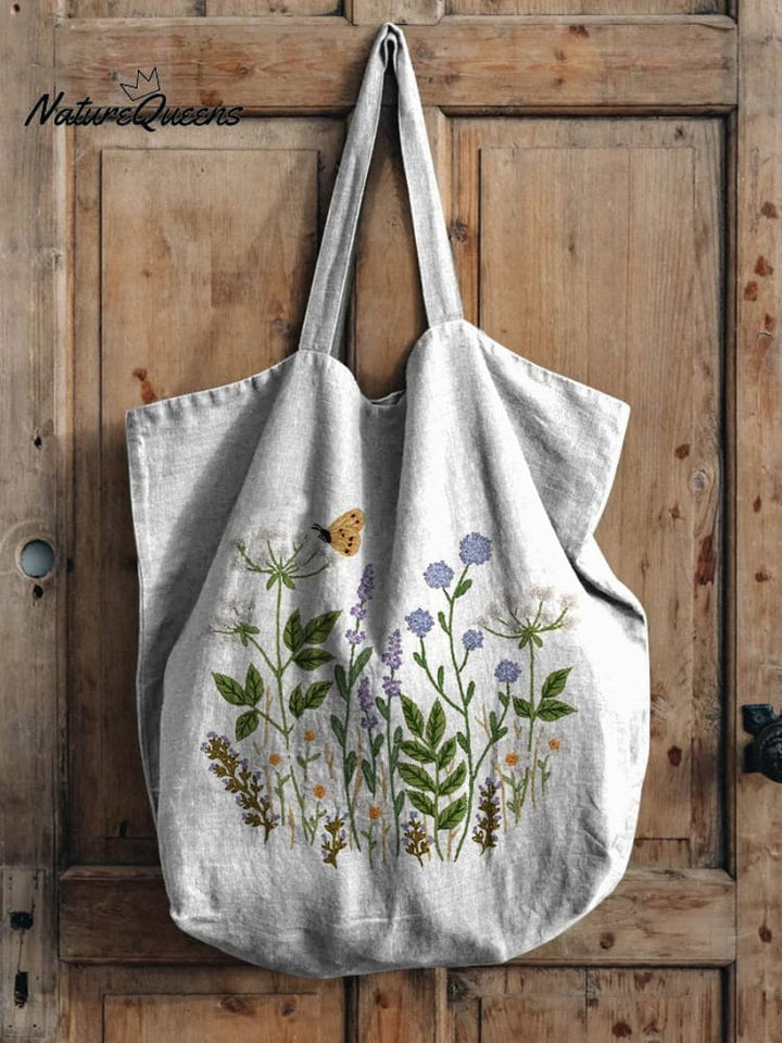 Embroidery Style Floral Bush Pattern Printed Linen Tote Bag