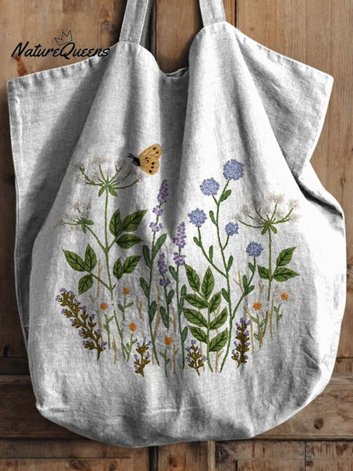 Embroidery Style Floral Bush Pattern Printed Linen Tote Bag