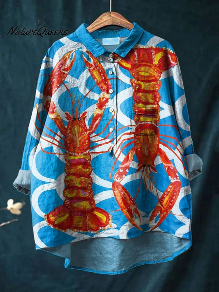Vintage Lovely Lobster Pattern Art Print Casual Cotton And Linen Shirt