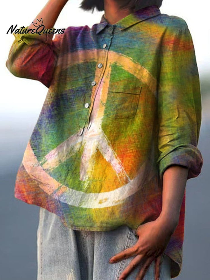 Women's Rainbow Colored Peace Sign Print Casual Cotton And Linen Shirt